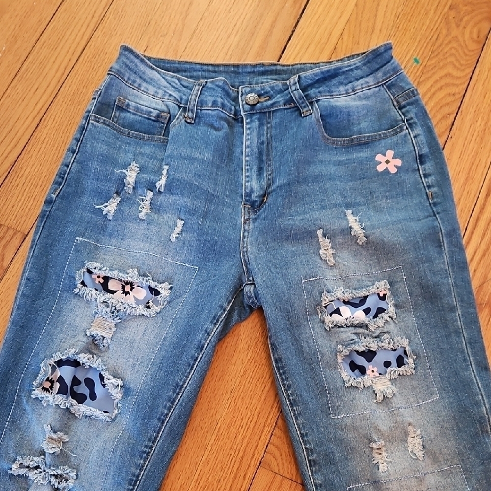 Blue Distressed Patchwork Jeans, Sz Med Stretch, Floral, Animal Print, NWOT!